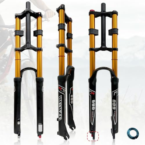 BSFHQS Vélo DH De Montagne Fourche Air Suspension 26/27,5/29 Pouces Frein À Disque 145mm Voyage Fourche Avant VTT 1-1/8 Tube Droit 9mm QR Fourche De Vélo Manual Lock(Gold,26inch)