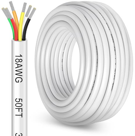 50FT 18 Gauge 6 Conductor Electrical Wire, 18AWG PVC Thermostat Wire, Low Voltage Landscape Wire for LED Lighting Strips Automotive Security Alarm Speaker, White