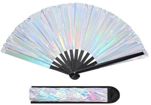 PATIKIL 13 Glitter Clack Rave Fan with Holster, Large Holder Folding Hand Fan Holder Handheld Fan for Women Edm Festival Club Party Dance, Laser