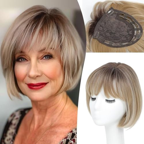 Flyroseing Dark Blonde with Dark Root Hair Topper, Hair Toppers for Women with Thinning Hair, Synthetic Wig Toppers for Thinning Hair Hair Pieces for Women Short Bob Hair Toppers with Bangs Side Part