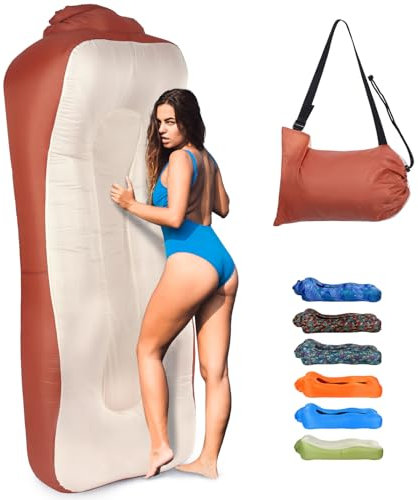 Outplea Aufblasbares Sofa für Land und Wasser, Klappbares Luftsofa Leicht, Strandliege Aufblasbar mit Tasche, Air Lounger Sitzsack Aufblasbar Outdoor für Garten Strand Picknick, Rot & Beige