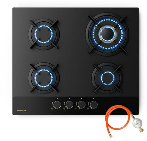 Klarstein Goldflame Nano Placa de Gas, 4 Quemadores de Latón, 60cm Cristal Nanorrevestido, 8kW, Quemador Wok, Encendido Automático & Protección de Llama, Convertible GN/GLP, Mandos Metálicos