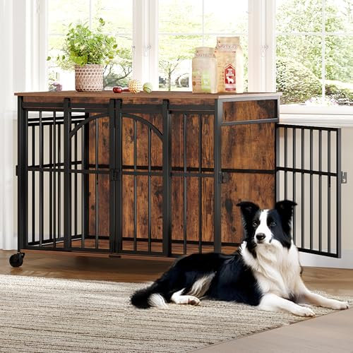 Hzuaneri Cage pour Chien à roulettes, Cages de Chiens 4 Portes Coulissantes de 95 cm, Cage d'intérieur Moderne en Bois pour Chiens de Petite et Moyenne Taille, Marron Rustique DFC86201B