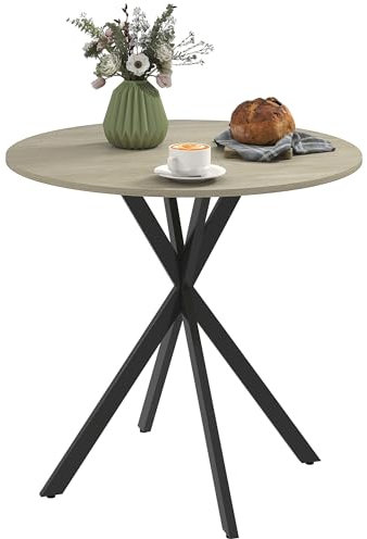 HOMCOM Table à Manger Ronde pour 2 Personnes Table de Cuisine 80 cm Style Industriel avec Plateau Aspect Bois et piètement croisé en Acier, Blanc chêne