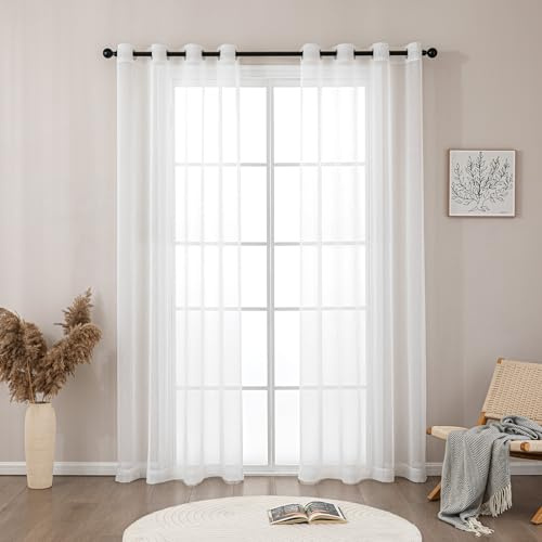Sonive Vorhänge Leinenoptik Gardine 2er Set mit Ösen H250 x B145cm | Schiebevorhänge Transparente Polyester Fensterschal Schlaufenschal für Schlafzimmer Kinderzimmer Wohnzimmer Weiß