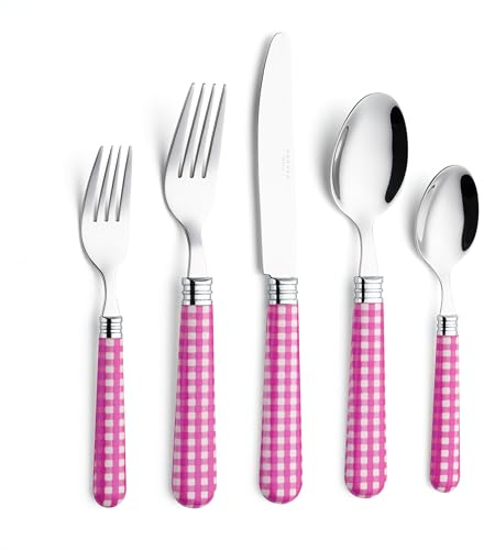ANNOVA Besteckset, 20-teilig, Griff aus Edelstahl - 4 x Tafelmesser; 4 x Tafelgabeln; 4 x Salatgabeln; 4 x Esslöffel; 4 x Dessertlöffel (Checker Rosa, 20 Stück)