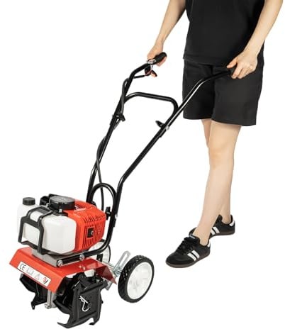 Gartenfräse Motorhacke, Bodenhacke mit höhenverstellbare Räder, Benzin Bodenfräse Rasenfräse zum Pflügen/Ackern/Furchen Ziehen, 52CC Zweitakt-Benzinmotor | 1900W 6500-7000 U/min | 4 Klingen