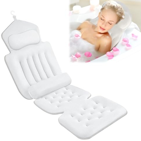 Badewannenkissen Ganzkörper-Badekissen, Badewannenkissen mit Nacken und Lendenkissen, Badewannenmatte mit Kopfstütze stützt Nacken und Rücken für tägliche Entspannung und Stressabbau Weiß