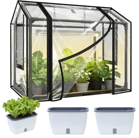 Kit di Piantagione, Serra da Balcone con 2 Vasi per Piante Copertura PVC 60 x 40 x 50 cm con Porta Avvolgibile a Cerniera Serra da Giardino Resistente Alle Intemperie Trasparente per Giardino Balcone