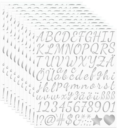 Goiern 10 Blätter 1 Zoll Silberne Deutsche Buchstaben Aufkleber Set, Handgeschriebene Sticker mit Umlauten (Ä, Ö, Ü, ß), Zahlen & Symbolen, wasserdichte PVC Dekosticker für DIY, Geschenke