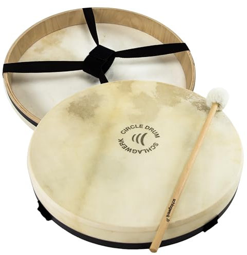 Schlagwerk RTC49 Rahmentrommel Circle Drum -Handtrommel mit Gurt-Haltekreuz - ⌀ ca. 50 cm / 20 Zoll / 6 cm hoch - Frame Drum mit Ziegenfell - Buchenholz - Schamanentrommel mit Schlägel