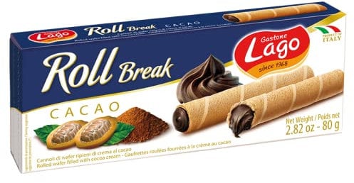 Lago 1968, Roll Break 80g, Cannoli di Wafer Ripieni di Crema Cacao 66%