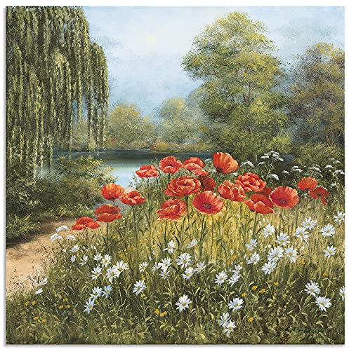 ARTland Wanddeko Wandbild Alu Verbundplatte für Innen & Outdoor Bild Botanik Blumenwiese Mohnblume Malerei Grün Mohnwiese am See A1MB