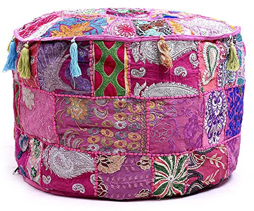 Aakriti Indian Pouf Fußhocker mit Stickerei Pouf, indische Baumwolle, Pouffe osmanischen Pouf Cover mit ethnischem Dekor Kunst - Cover (Pink, 56x35 cms)