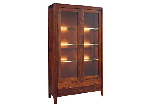 MASSIVMOEBEL24.DE | Brooklyn Vitrine aus Massivholz #27 | aus Sheeshamholz - Walnuss, geölt | 4 Fächer + 1 Schublade | 178x100x40 cm | Schrank Glasvitrine Hochschrank
