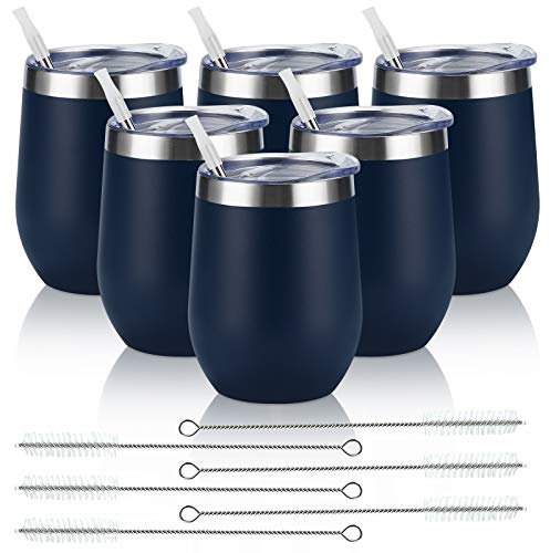 Lot de 6 verres à vin en acier inoxydable 355 ml verre à vin isotherme à double paroi isolée tasses à vin sans pied en acier inoxydable avec couvercles pour café vin cocktails champagne bleu marine