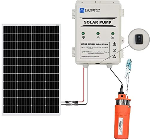 DCHOUSE Kit acqua pompa solare, pannello solare da 120 W con kit scatola batteria al litio da 10 Ah 12 V, pompa per pozzo profondo 12 V CC, 1500 L al giorno, 100 piedi/30 m, pompe sommerse solari
