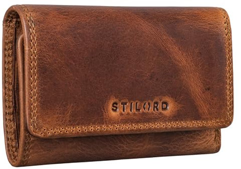 STILORD 'Clay' Minibörse Leder Geldbeutel Schlüsseletui Kleines Schlüsselmäppchen mit RFID Blocker Schlüsselanhänger und Geldscheinfach Vintage Echtleder, Farbe:Kara - Cognac
