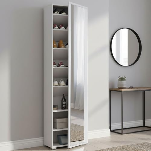 Dmora - Étagère à chaussures Datura, Meuble d'entrée polyvalent avec porte miroir, Meuble à chaussures moderne avec 7 étagères, 100% Made in Italy, 50x32hx182 cm, Blanc