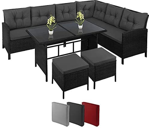 Montafox Poly Rattan Ecklounge 7 Personen Eckbank Tisch 2 Hocker Sitzkissen 5cm Gartengarnitur Sitzgruppe Ecksofa Terrasse Sitzecke Eckgarnitur Garten Wintergarten, Farbe:Nachtschwärmergrau