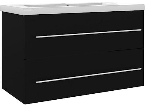 vidaXL Armoire d'Evier avec Lavabo Intégré Meuble de Salle de Bain Armoire de Rangement avec Vasque Toilette Intérieur Noir Bois d'Ingénierie