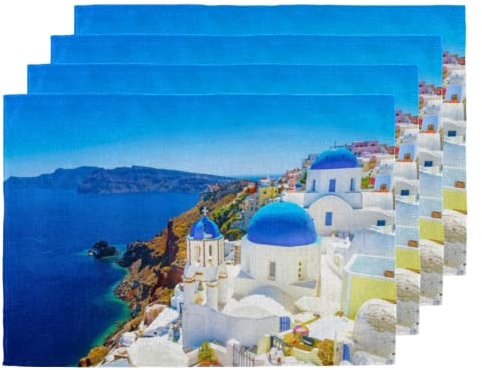 Santorini - Set di 4 tovagliette per tavoli da pranzo, a doppia faccia con il Mar Egeo, lavabili e resistenti al calore, per feste, casa e cucina, decorazione