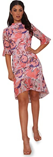 Chi Chi London Damen Rosa Midikleid mit Rüschen und Blumenmuster Cocktailkleid, Rose, 38