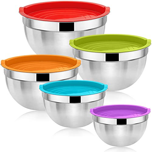 Herogo Mixing Bowl Set of 5, Stainless Steel Nesting Salad Bowl with Multicolour Airtight Lids, Ideal for Baking, Non-Toxic & Rust Free, Durable & Dishwasher Safe (4.5/2.7/1.5/1.2/0.7 QT)