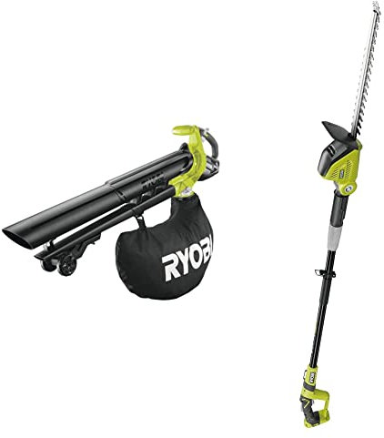 RYOBI - Souffleur Électrique sans Fil Aspiro-Broyeur à Batterie 18V One+ Brushless & Taille-Haie Électrique sur Perche sans Fil à Batterie 18V One+ - Lames 45cm pour Jeunes Haies