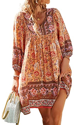 Vcindai Damen Sommerkleid Kurz Boho Blumenkleid A-Linie Kleid Sommer Kleider