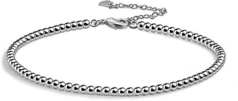 Dankadi Bracelet de Cheville avec Perles 3MM en 925 Argent, Chaîne à Maillons des Boules Simple Classique 27CM Bohèm Bijoux de Pied Été Plage Magnifique Réglable pour Femme Amie