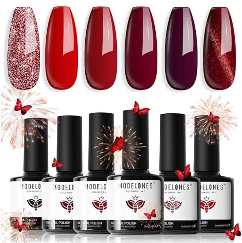 Modelones Gel Nail Polish Set, 6 Colors Wine Red Gel Polish Glitter Red Cat Eye Nail Polish Classic Popular Sparkle Bloody Red Nail Varnish Kit Soak Off Nail Art Manicure DIY Salon for Women