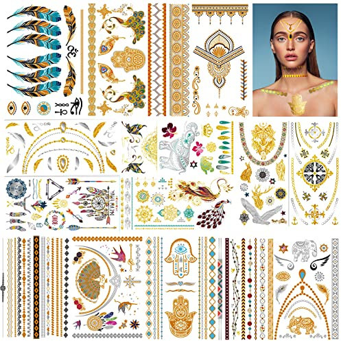 URAQT Gold Temporäre Tattoos,14 Blatt Wasserdicht Metallic Tattoo zum Aufkleben,Flash Aufkleber Klebetattoos Erwachsene,Klebe Tätowierung Folie Festival Party Accessoire für Frauen Mädchen Jugendliche