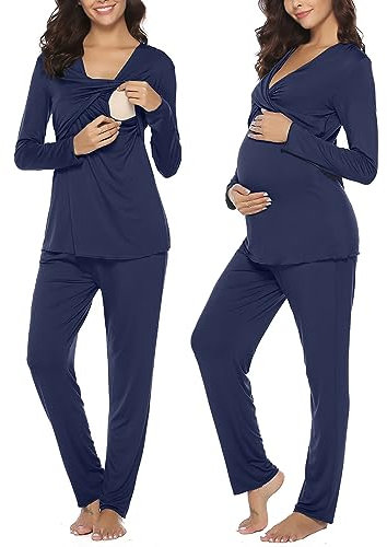 Irdcomps Pijamas de Lactancia para Mujer Invierno Algodón Embarazadas Mujer Maternidad Conjunto Largo Pijama de Hospital para Premamá S-XL（Estilo A- Azul Oscuro，M）