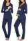 Irdcomps Ensemble de Pyjama Maternité Coton Pyjama de maternité Couleur Unie Longue Vêtements de Nuit Grossesse Pyjama Allaitement Bleu Foncé M