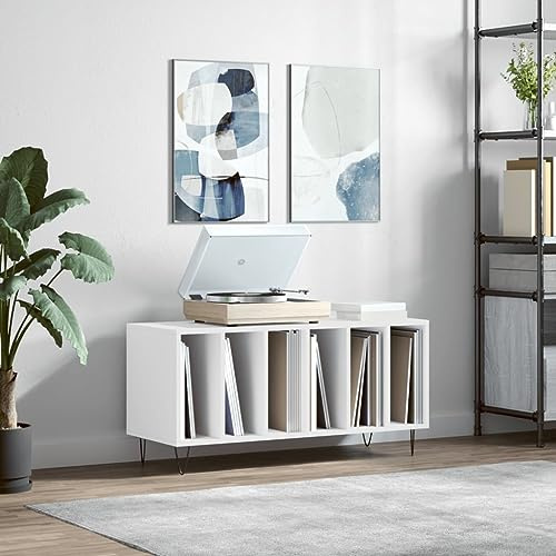 Prissent Meuble à disques blanc 100 x 38 x 48 cm en bois multicouche - Bibliothèque étroite pour vinyle, TV salon, CD - Étagère basse