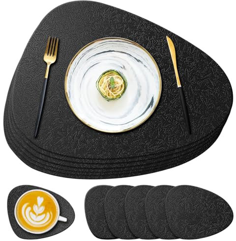 YUNJUER Silicone Placemats and Washable Coasters Set, Heat-Resistant 450 °F, Non-slip Wipeable Waterproof Table Mats for Dining Table, Restaurant, Indoor Kitchen, Outdoor, 12 Pieces, Black