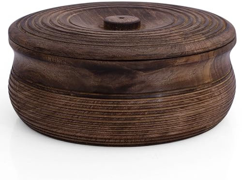 Handcrafted Wooden Mexican Tortilla Warmer Basket Indian Chapati Roti Bread Holder Box Pancake Keeper Serveware Hot Pot Casserole Dish With Lid Home Kitchen Dining Decor, Natural Brown, 22 x 8 cms