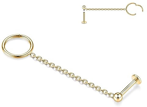AROWRO 16G Kette Ohrringe Conch Hoop für Frauen Double Piercing Dangle Knorpel Ball Labret Ohrstecker 316L Chirurgenstahl Nasenring 8mm Bar Gold