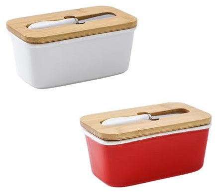 HACLEN Ceramic Butter Dish with Wooden Lid & Knife, 2 Pack, Butter Dishes, Butter Holder, Butter Keeper Storage for Countertop,1
