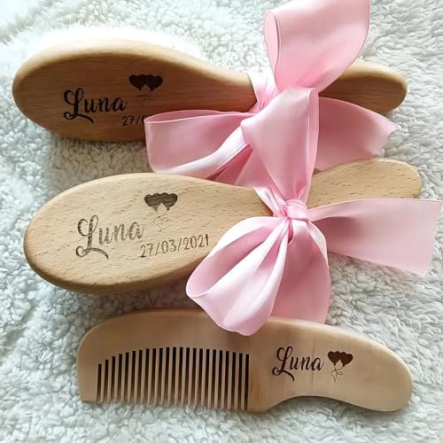 3 Set Personalisierte Baby-Haarbürste Und Kamm, Haarbürste Baby Ziegenhaar, Babykamm, Milchschorf Kamm Baby,Namen Babybürste Aus Holz ,Baby Bürste Zubehör, Erstlingsausstattung, Neugeborenen Geschenk