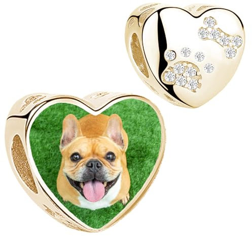 2Burned Silber 925 Personalisierter Schmuck Foto-Charm – Kompatibel mit Europäisches-Armbändern, Liebe Herz Personalisiertes Geschenk – Fügen Sie Ihr Bild hinzu (Hundepfote Vergoldet 18K)