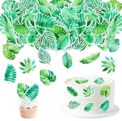 Blumomon 45Pcs Edible Tropical Palm Leaves Cake Toppers Palm Leaf Jungle Cake Decorations Hawaii Leaves Cupcake Toppers Picks Plant Leaf Summer Tropical Theme Birthday Party Cake Decorations Supplies