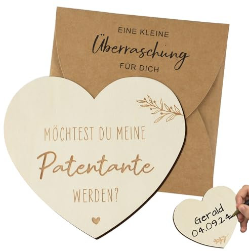 GEBETTER Fragen Möchtest du meine Patentante werden in Herzform Holz zum selber beschriften Grußkarte Geschenk für Taufgeschenk Karten Geburt Taufpatin Schwangerschaft verkünden