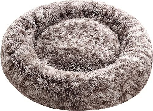 Comlax Beruhigende Donut Hundebetten XXXL, Rundes Kissen mit abnehmbarem waschbarem Bezug, Anti-Angst-Kunstfell-Kuscheltier, Flauschiges, bequemes, pelziges Haustierbett (115cm, Braun)