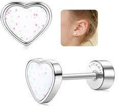 LOLIAS 20G Titanium Heart Love Earrings for Girls Women Silver Cute Tiny Sequins Studs Hypoallergenic Earrings for Girls Cartilage Tragus Screw Back Earrings for Sensitive Ear Piercing