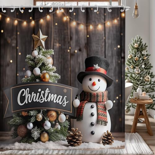 Duschvorhang Weihnachten 180x200, Hnmdmyi Winter Schneemann Weihnachtsbaum Rustikale Holzbrett Duschvorhänge Frohe Weihnachten Urlaub Badewanne Vorhang Wasserdicht Polyester Stoff Waschbar Badevorhang