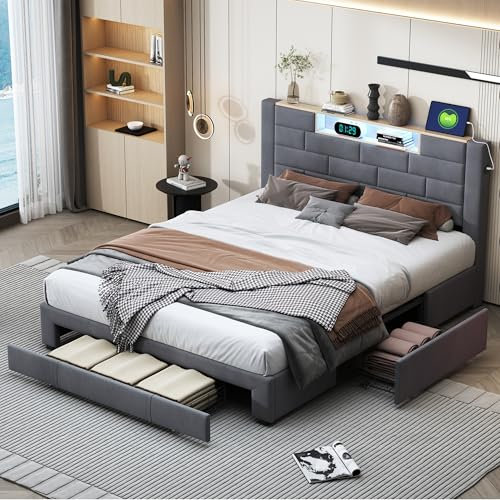 BPKADHY Polsterbett 140x200 cm,LED Doppelbett mit 3 Schubladen und Lattenrost,Kopfteil mit stauraum und USB-Ladefunktion,Bett Funktionsbett Stauraumbetten Jugendbett Rückenlehne Bettgestell,Samt,Grau