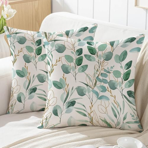 Jayusaror Frühling Kissenbezug 50x50 Grün und Gold Eukalyptus Blätter Outdoor Sofakissen Kissenhüllen Dekokissen Kissen Couchkissen Kissenbezüge Zierkissenbezug Garten Sofa Deko,2er Set