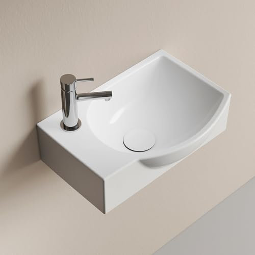 EMKE Lavabo suspendu 405 x 280 x 140 mm - Lavabo compact et élégant pour petites salles de bains et WC invités - Robinet à gauche, installation murale, blanc brillant